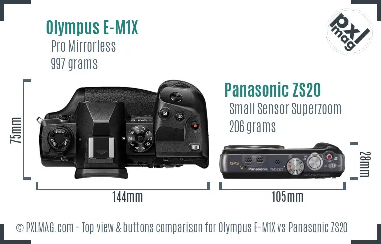 Olympus E-M1X vs Panasonic ZS20 top view buttons comparison