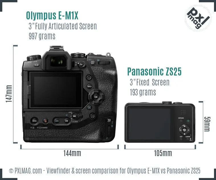 Olympus E-M1X vs Panasonic ZS25 Screen and Viewfinder comparison