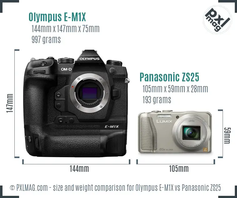 Olympus E-M1X vs Panasonic ZS25 size comparison