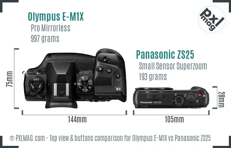 Olympus E-M1X vs Panasonic ZS25 top view buttons comparison