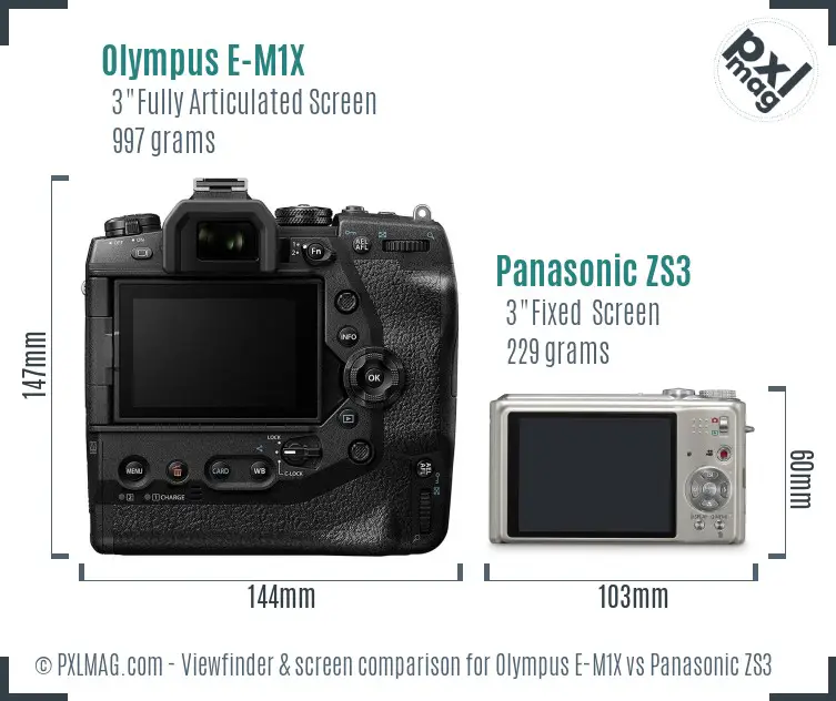 Olympus E-M1X vs Panasonic ZS3 Screen and Viewfinder comparison