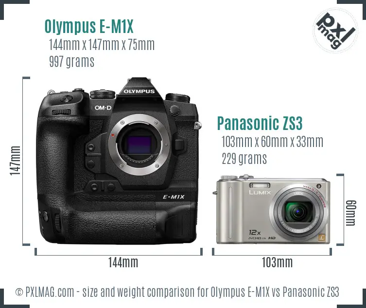 Olympus E-M1X vs Panasonic ZS3 size comparison