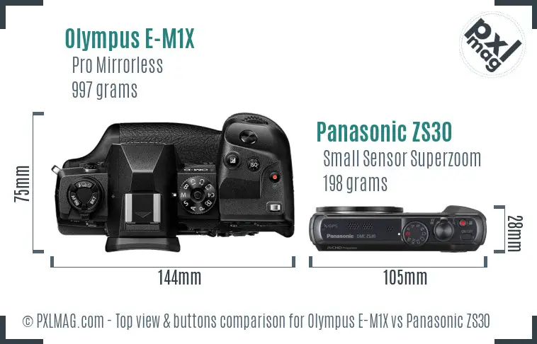 Olympus E-M1X vs Panasonic ZS30 top view buttons comparison