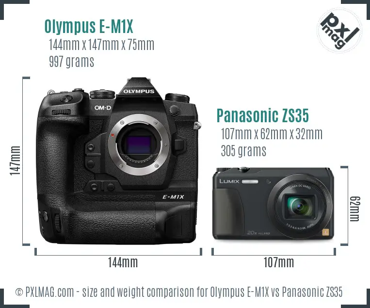 Olympus E-M1X vs Panasonic ZS35 size comparison