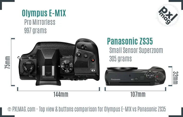 Olympus E-M1X vs Panasonic ZS35 top view buttons comparison