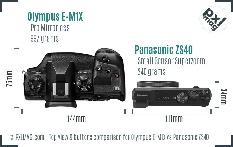 Olympus E-M1X vs Panasonic ZS40 top view buttons comparison