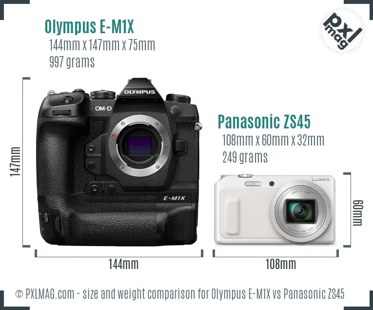 Olympus E-M1X vs Panasonic ZS45 size comparison
