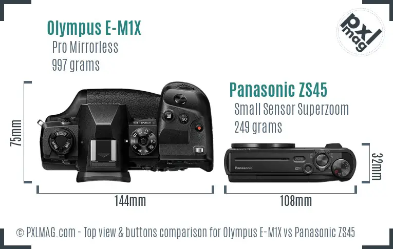Olympus E-M1X vs Panasonic ZS45 top view buttons comparison