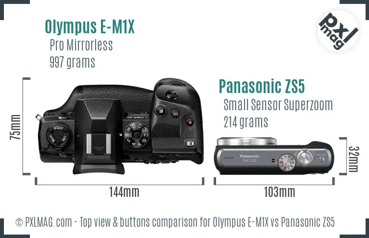 Olympus E-M1X vs Panasonic ZS5 top view buttons comparison