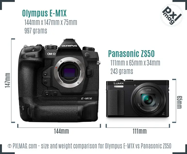 Olympus E-M1X vs Panasonic ZS50 size comparison