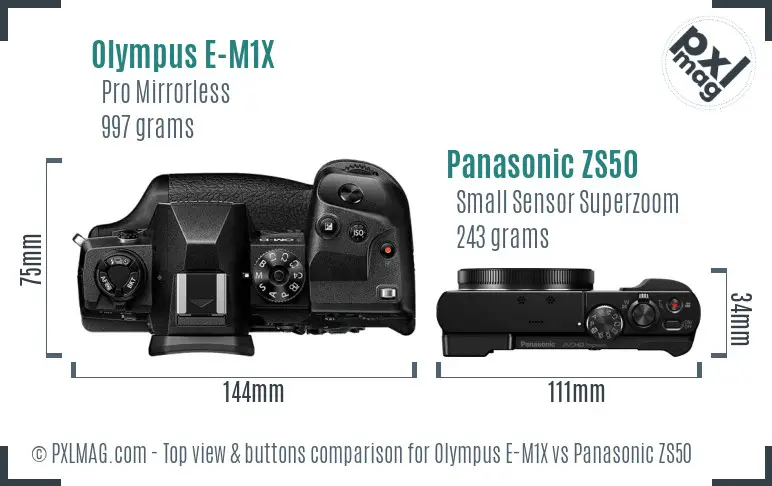 Olympus E-M1X vs Panasonic ZS50 top view buttons comparison