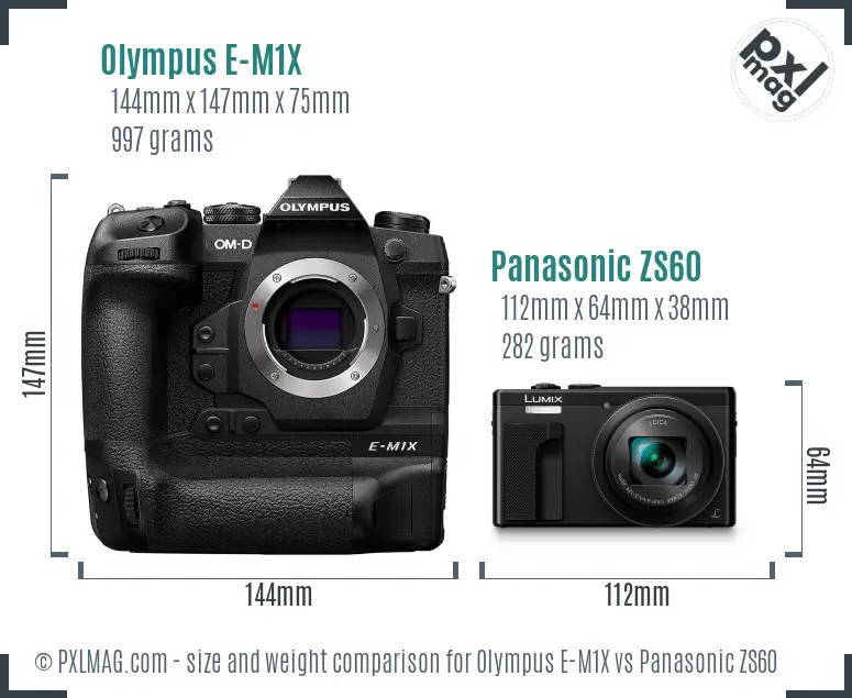 Olympus E-M1X vs Panasonic ZS60 size comparison