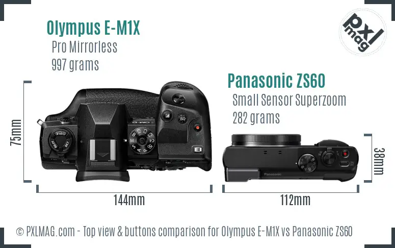 Olympus E-M1X vs Panasonic ZS60 top view buttons comparison