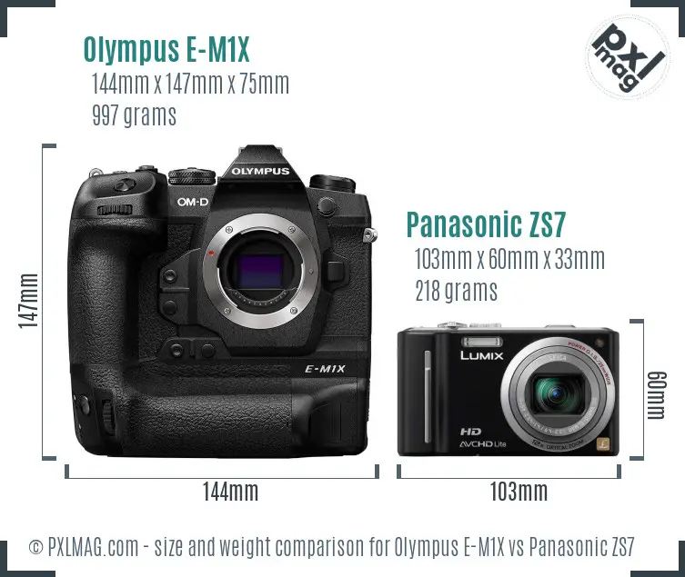 Olympus E-M1X vs Panasonic ZS7 size comparison