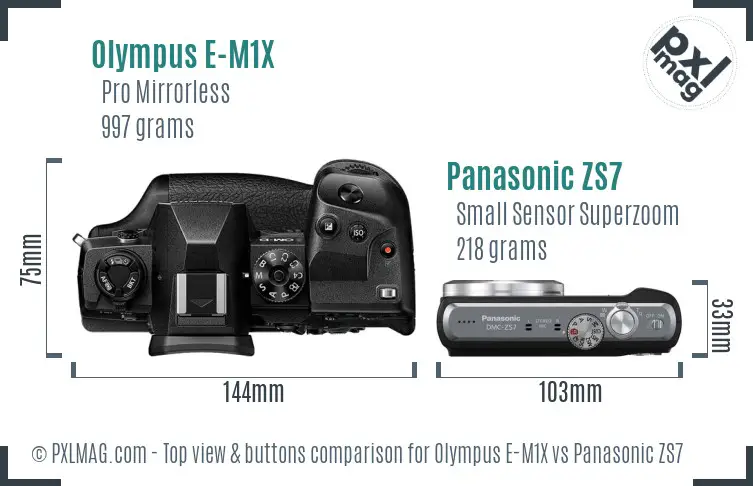 Olympus E-M1X vs Panasonic ZS7 top view buttons comparison