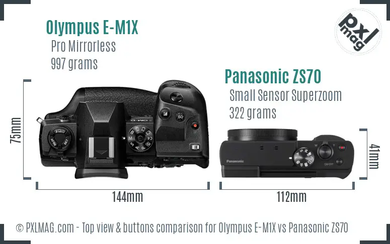 Olympus E-M1X vs Panasonic ZS70 top view buttons comparison
