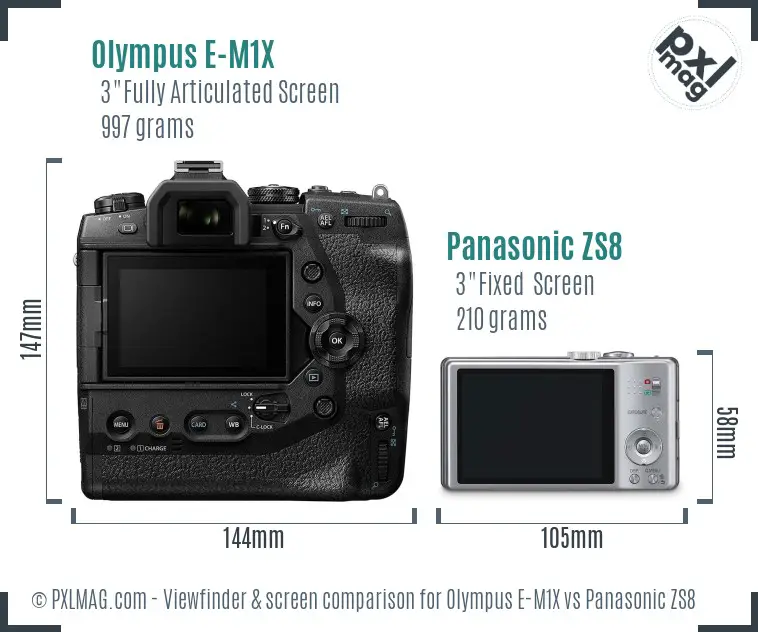 Olympus E-M1X vs Panasonic ZS8 Screen and Viewfinder comparison