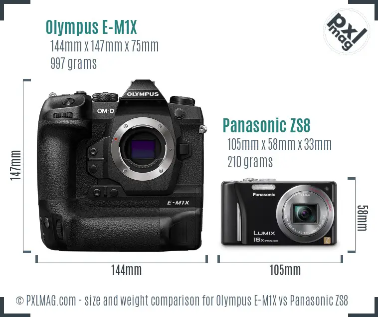 Olympus E-M1X vs Panasonic ZS8 size comparison
