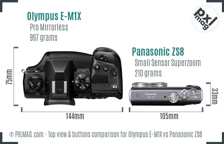 Olympus E-M1X vs Panasonic ZS8 top view buttons comparison