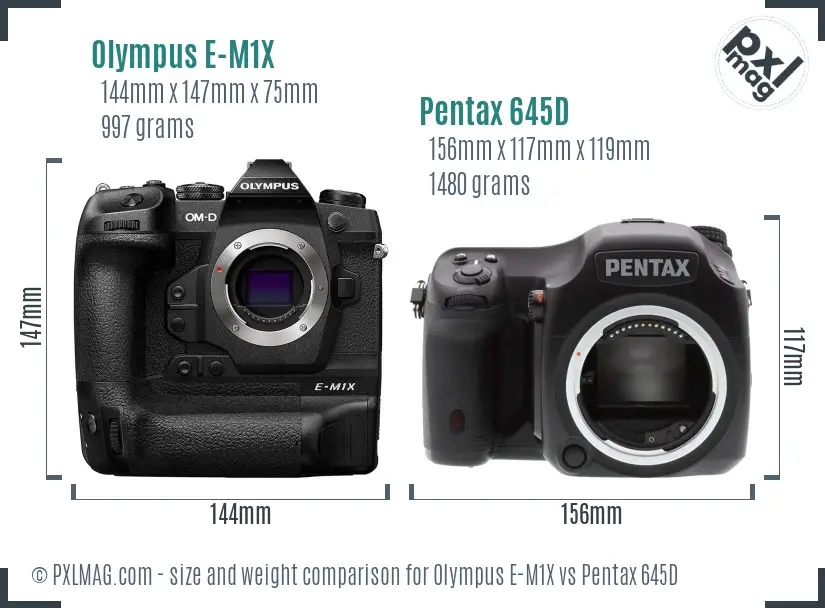 Olympus E-M1X vs Pentax 645D size comparison