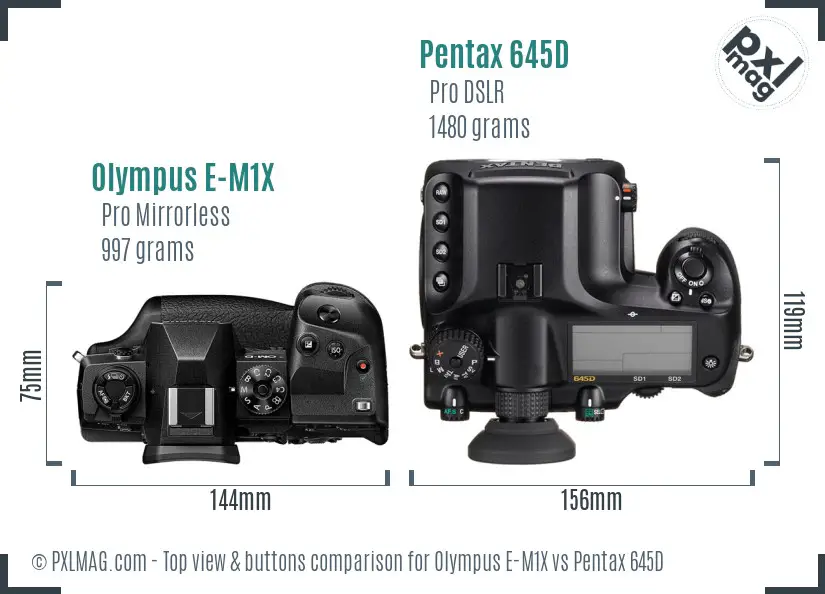 Olympus E-M1X vs Pentax 645D top view buttons comparison