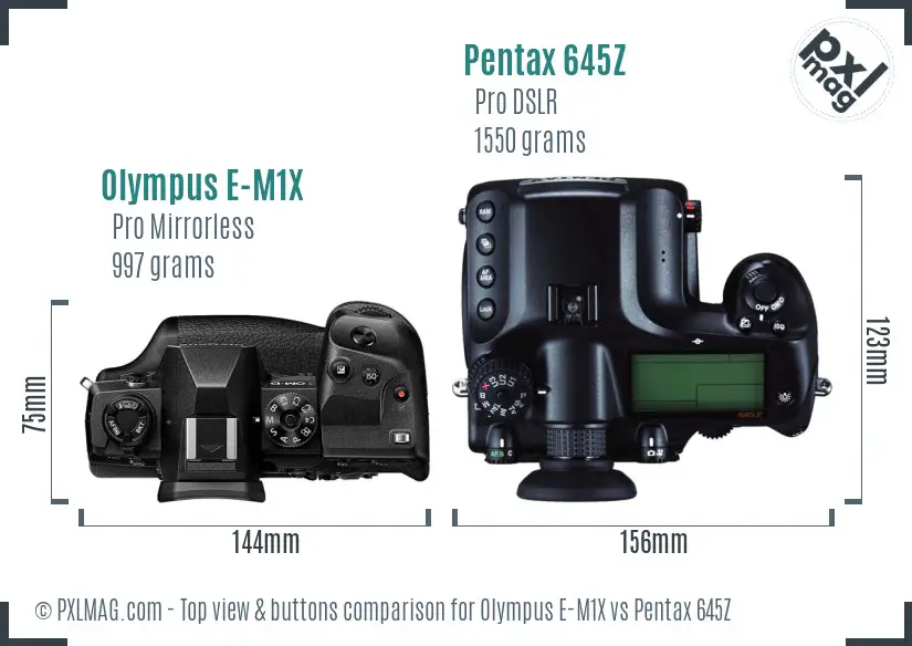 Olympus E-M1X vs Pentax 645Z top view buttons comparison