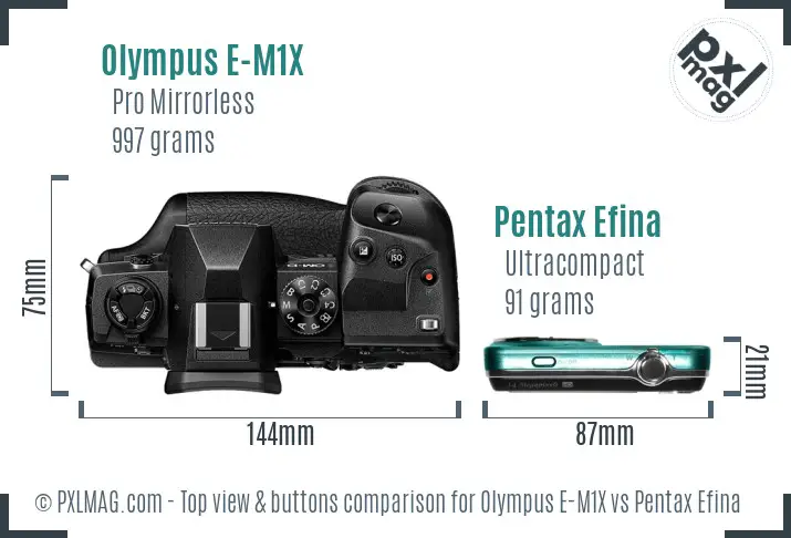 Olympus E-M1X vs Pentax Efina top view buttons comparison