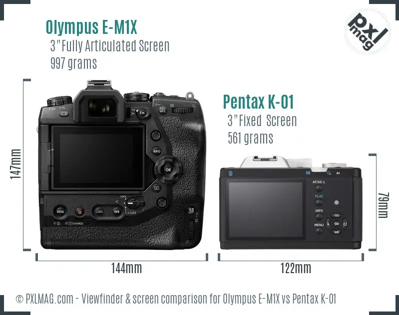 Olympus E-M1X vs Pentax K-01 Screen and Viewfinder comparison