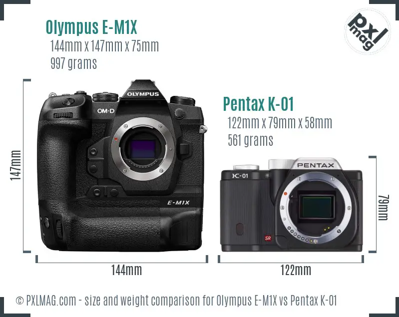 Olympus E-M1X vs Pentax K-01 size comparison