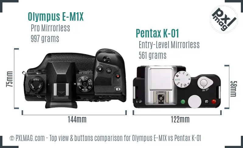 Olympus E-M1X vs Pentax K-01 top view buttons comparison