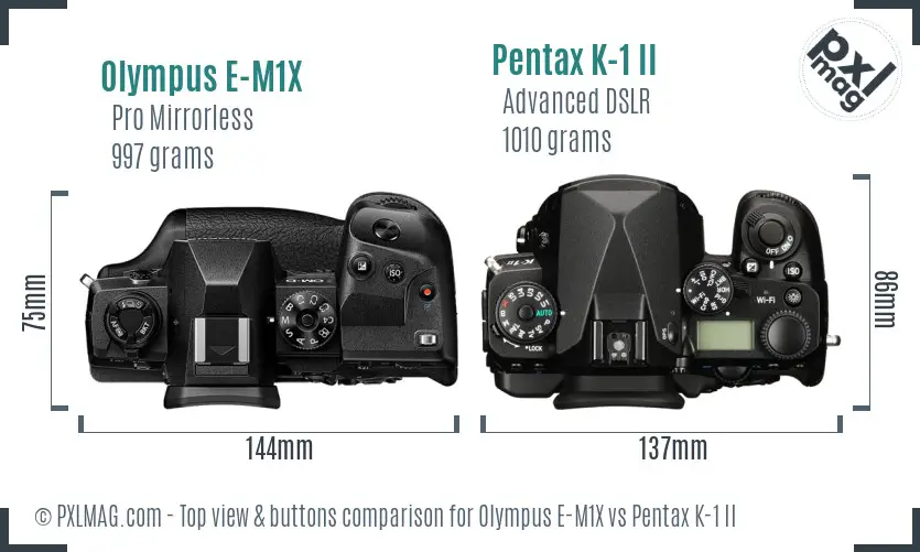 Olympus E-M1X vs Pentax K-1 II top view buttons comparison