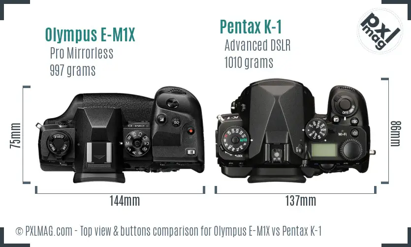 Olympus E-M1X vs Pentax K-1 top view buttons comparison