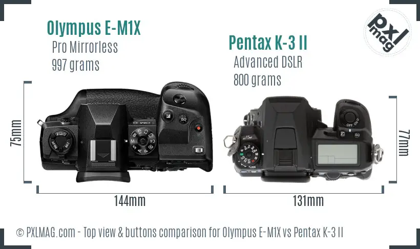 Olympus E-M1X vs Pentax K-3 II top view buttons comparison