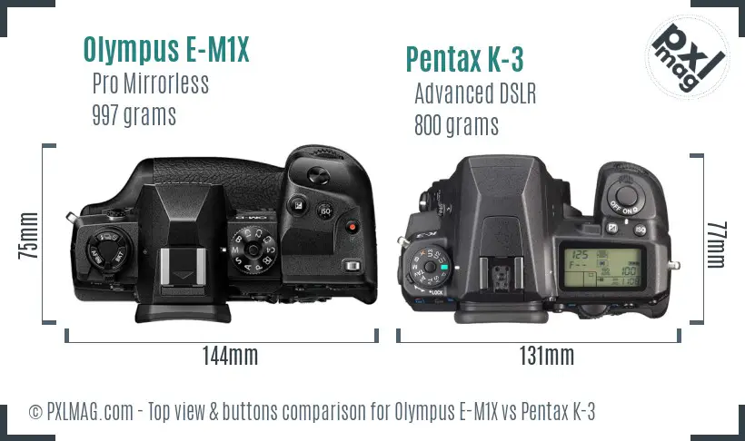 Olympus E-M1X vs Pentax K-3 top view buttons comparison