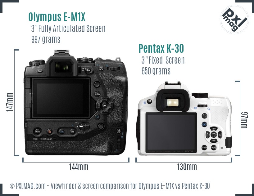 Olympus E-M1X vs Pentax K-30 Screen and Viewfinder comparison