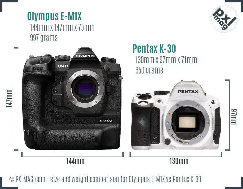 Olympus E-M1X vs Pentax K-30 size comparison