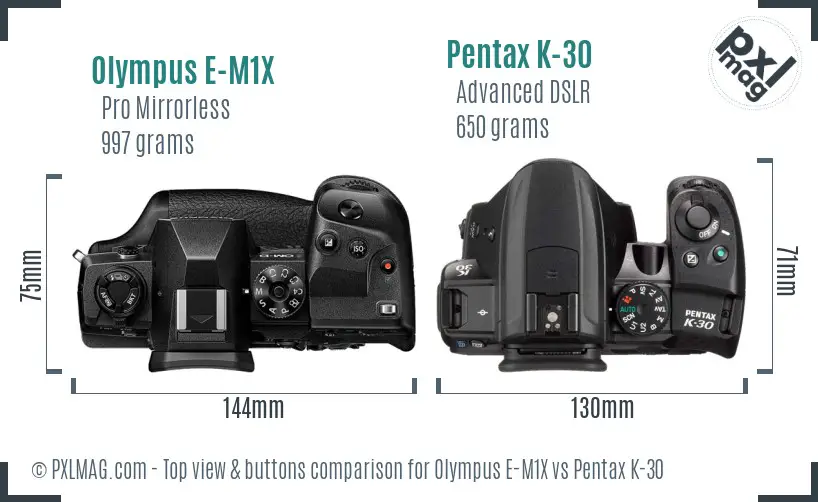 Olympus E-M1X vs Pentax K-30 top view buttons comparison