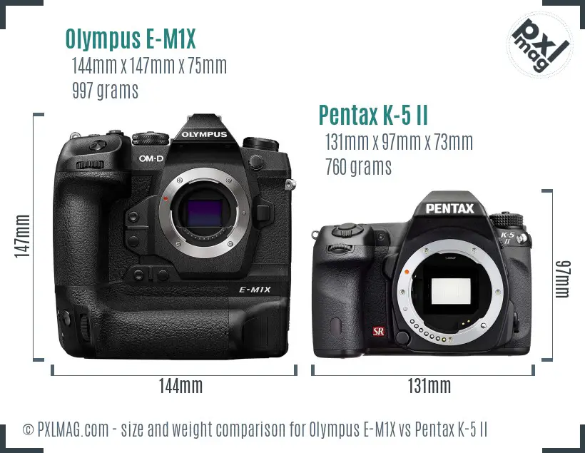 Olympus E-M1X vs Pentax K-5 II size comparison