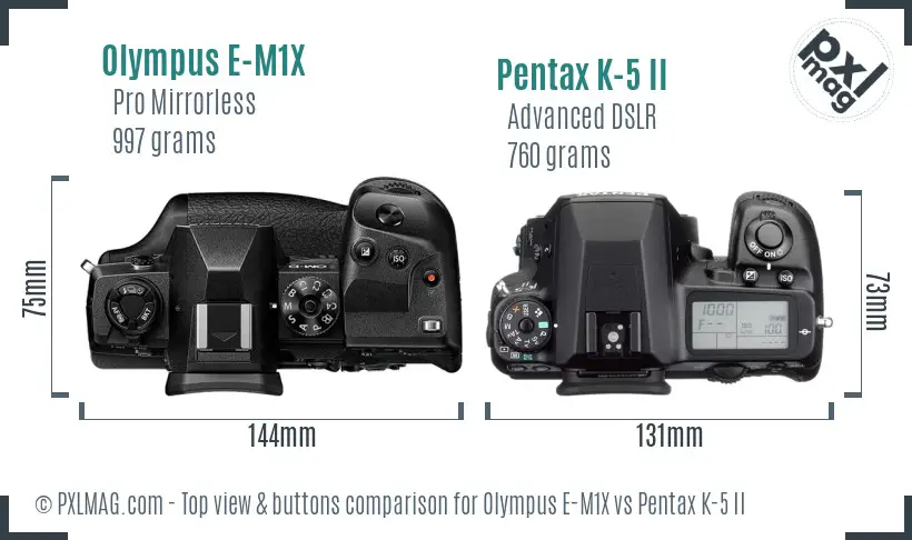 Olympus E-M1X vs Pentax K-5 II top view buttons comparison
