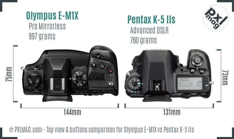 Olympus E-M1X vs Pentax K-5 IIs top view buttons comparison