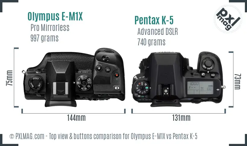 Olympus E-M1X vs Pentax K-5 top view buttons comparison
