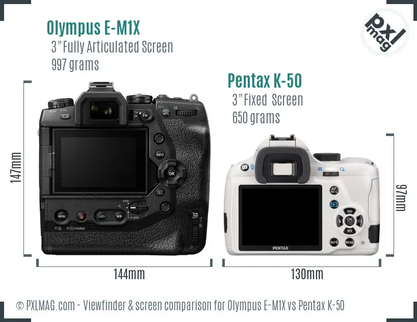 Olympus E-M1X vs Pentax K-50 Screen and Viewfinder comparison
