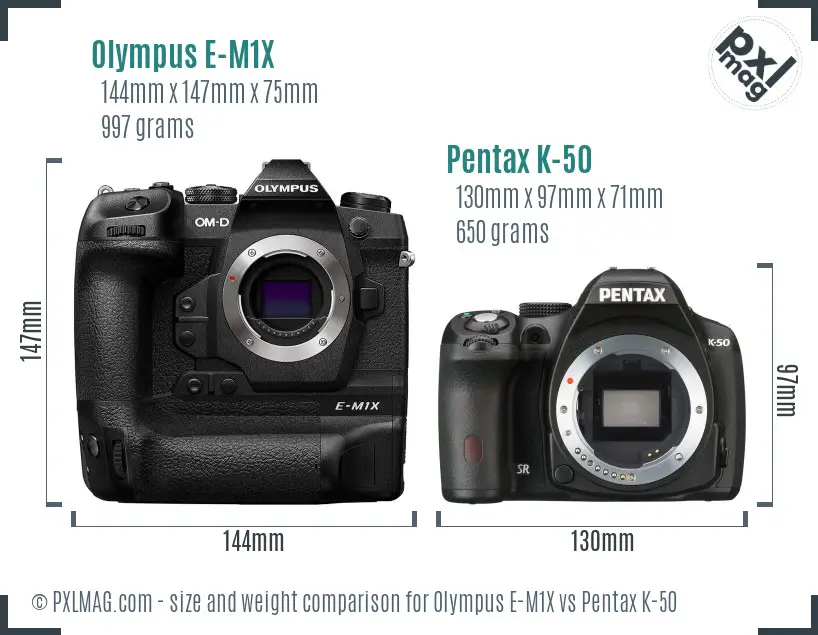 Olympus E-M1X vs Pentax K-50 size comparison
