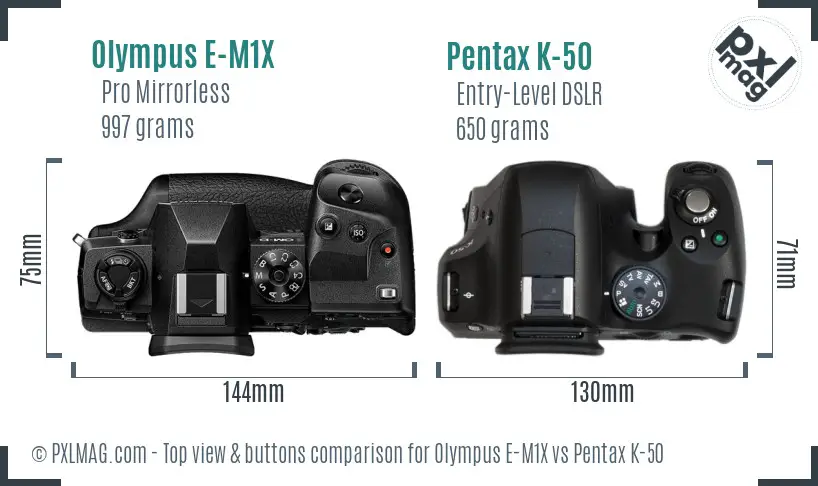 Olympus E-M1X vs Pentax K-50 top view buttons comparison