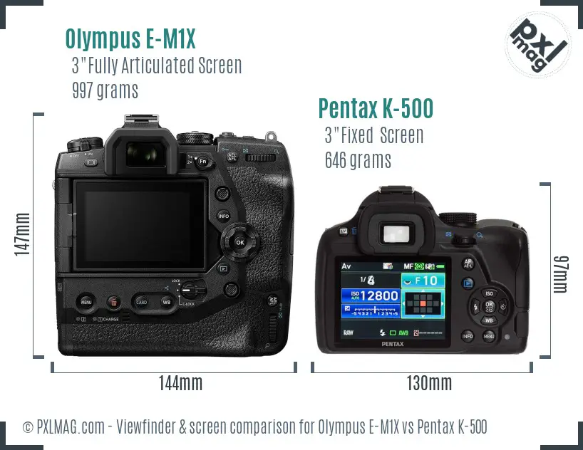 Olympus E-M1X vs Pentax K-500 Screen and Viewfinder comparison