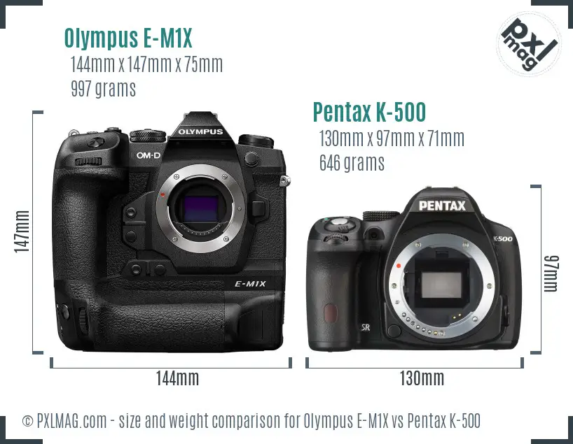 Olympus E-M1X vs Pentax K-500 size comparison