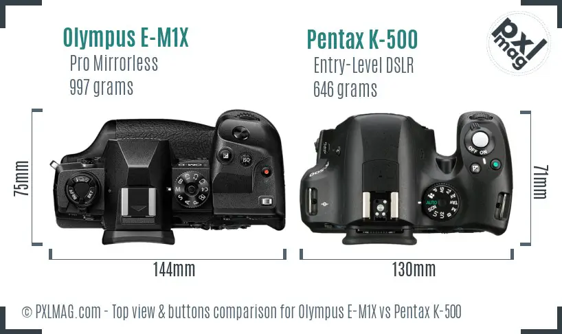 Olympus E-M1X vs Pentax K-500 top view buttons comparison