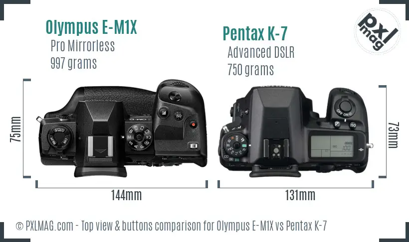 Olympus E-M1X vs Pentax K-7 top view buttons comparison