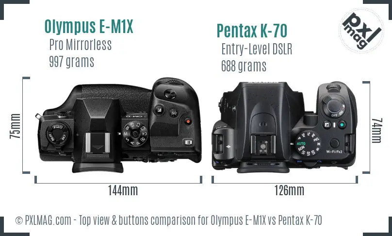Olympus E-M1X vs Pentax K-70 top view buttons comparison