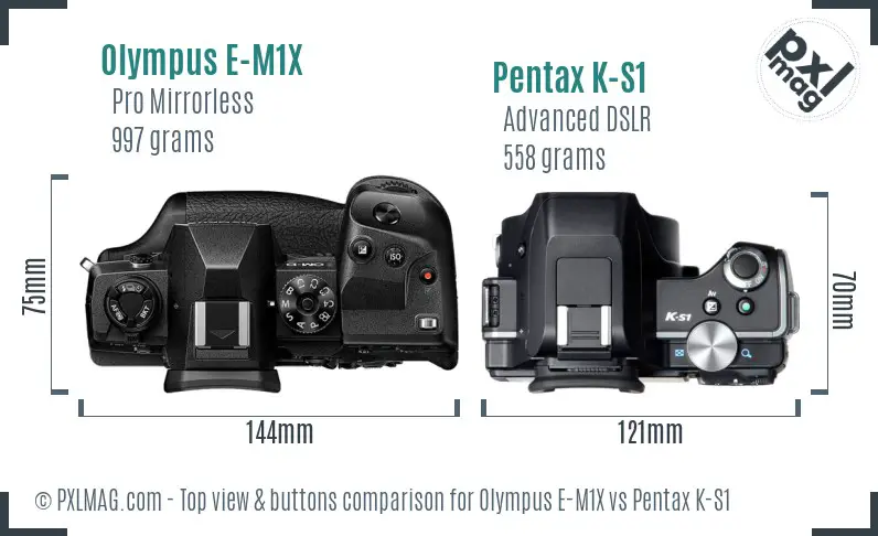 Olympus E-M1X vs Pentax K-S1 top view buttons comparison